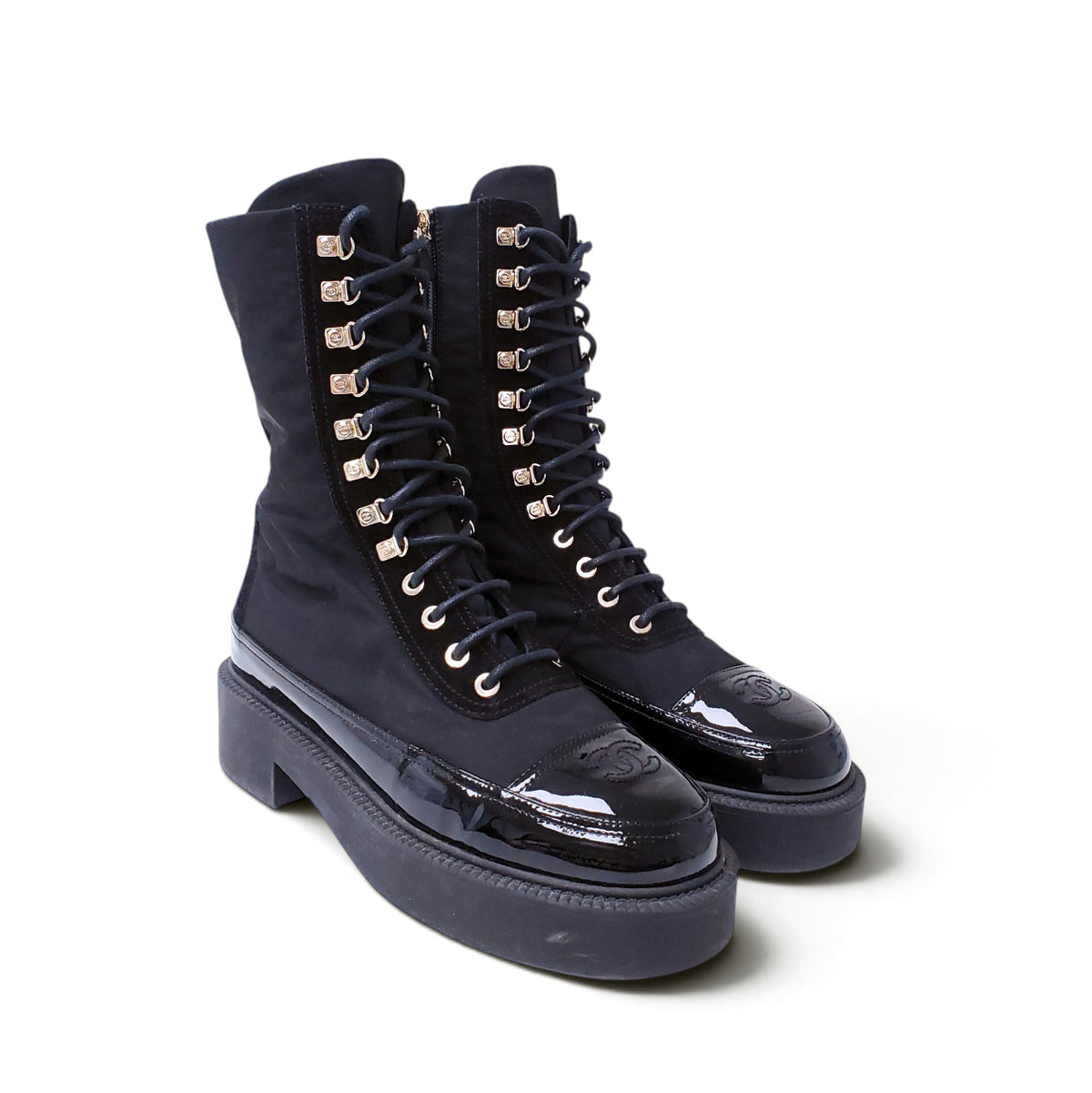 CHANEL INTERLOCKING CC LOGO NYLON LACE UP BOOTIES - SIZE 38.5