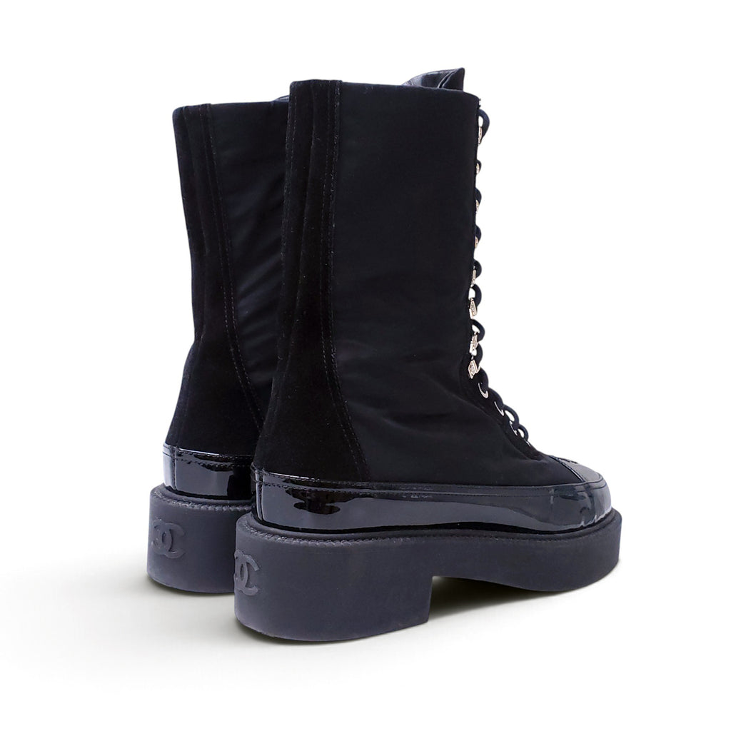 CHANEL INTERLOCKING CC LOGO NYLON LACE UP BOOTIES - SIZE 38.5