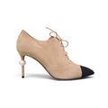 CHANEL KHAKI SUEDE CAP TOE BOOTIES WITH PEARL DETAIL - SIZE 39 C