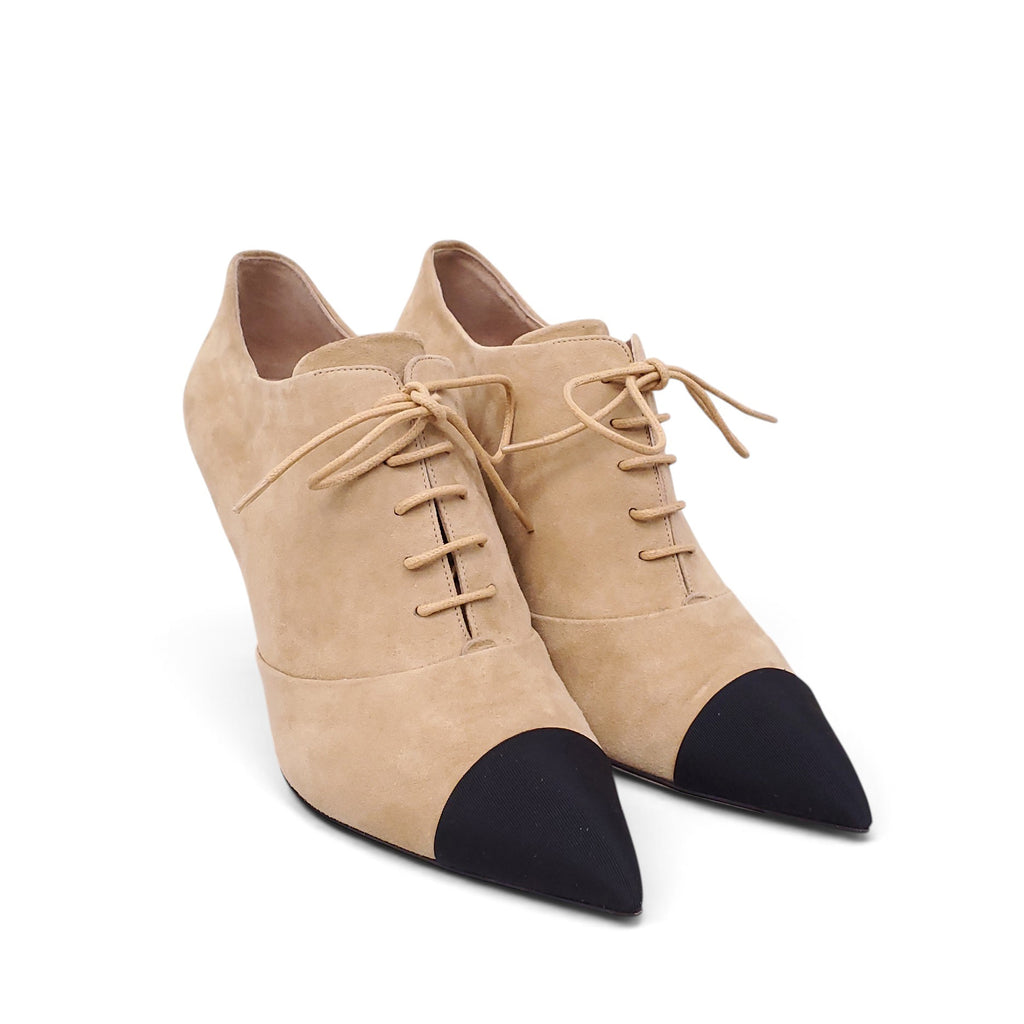 CHANEL KHAKI SUEDE CAP TOE BOOTIES WITH PEARL DETAIL - SIZE 39 C