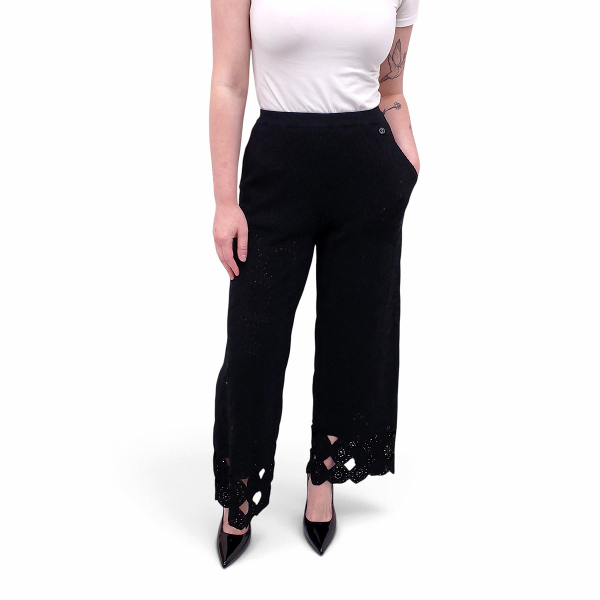 CHANEL LACE CROCHET BLACK TROUSERS - SIZE 34
