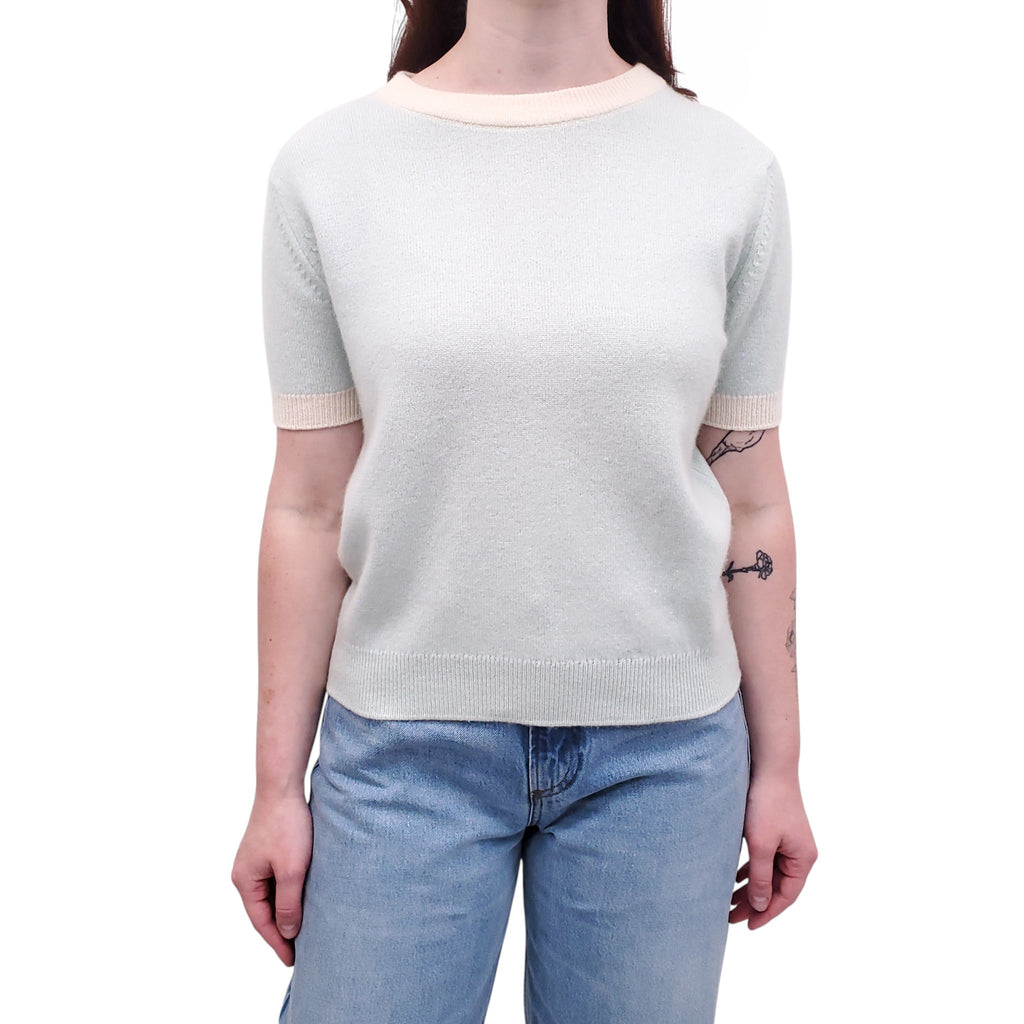 CHANEL LIGHT BLUE AND CREAM CASHMERE SWEATER SET  - SIZE 42
