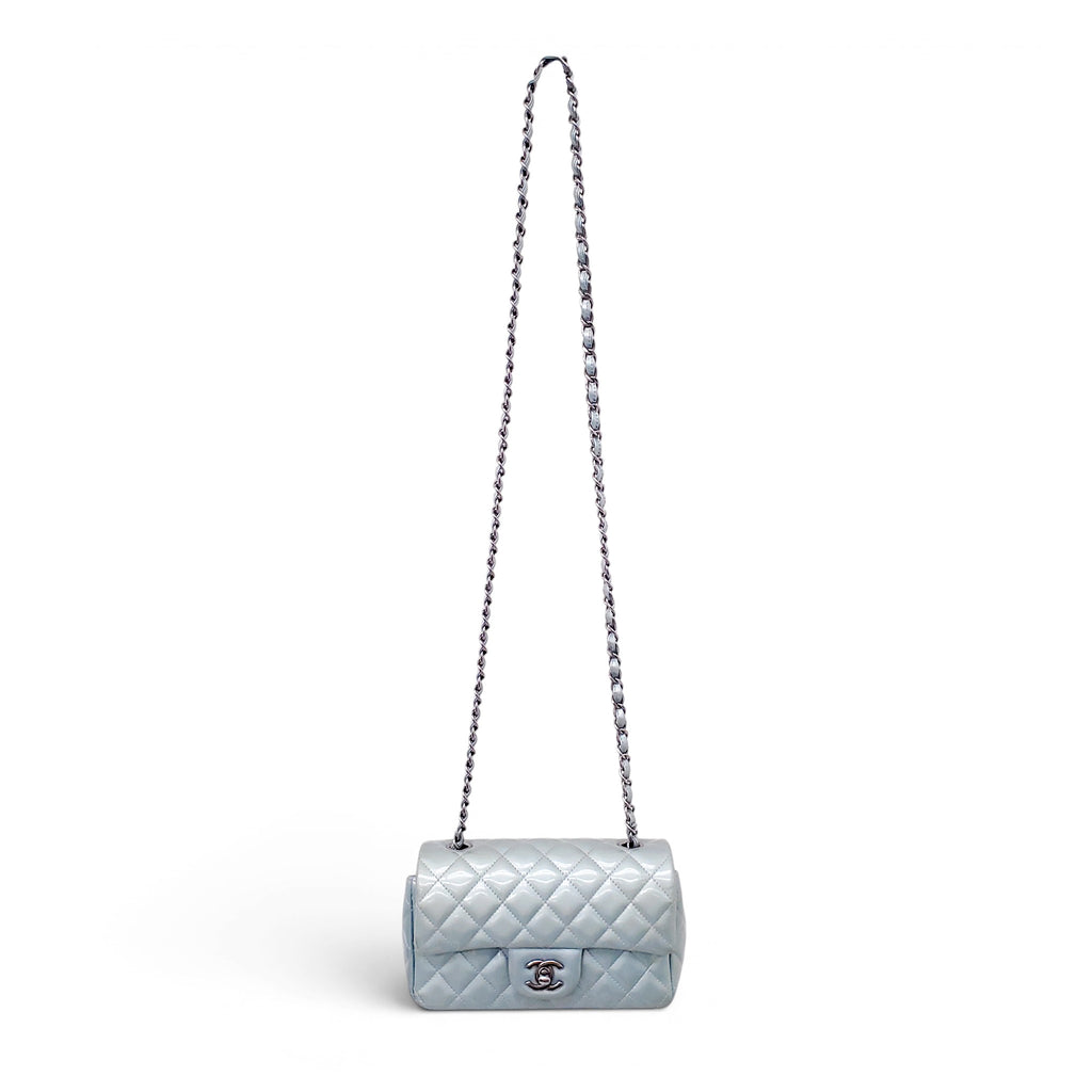 CHANEL METALLIC BLUE PATENT MINI FLAP BAG
