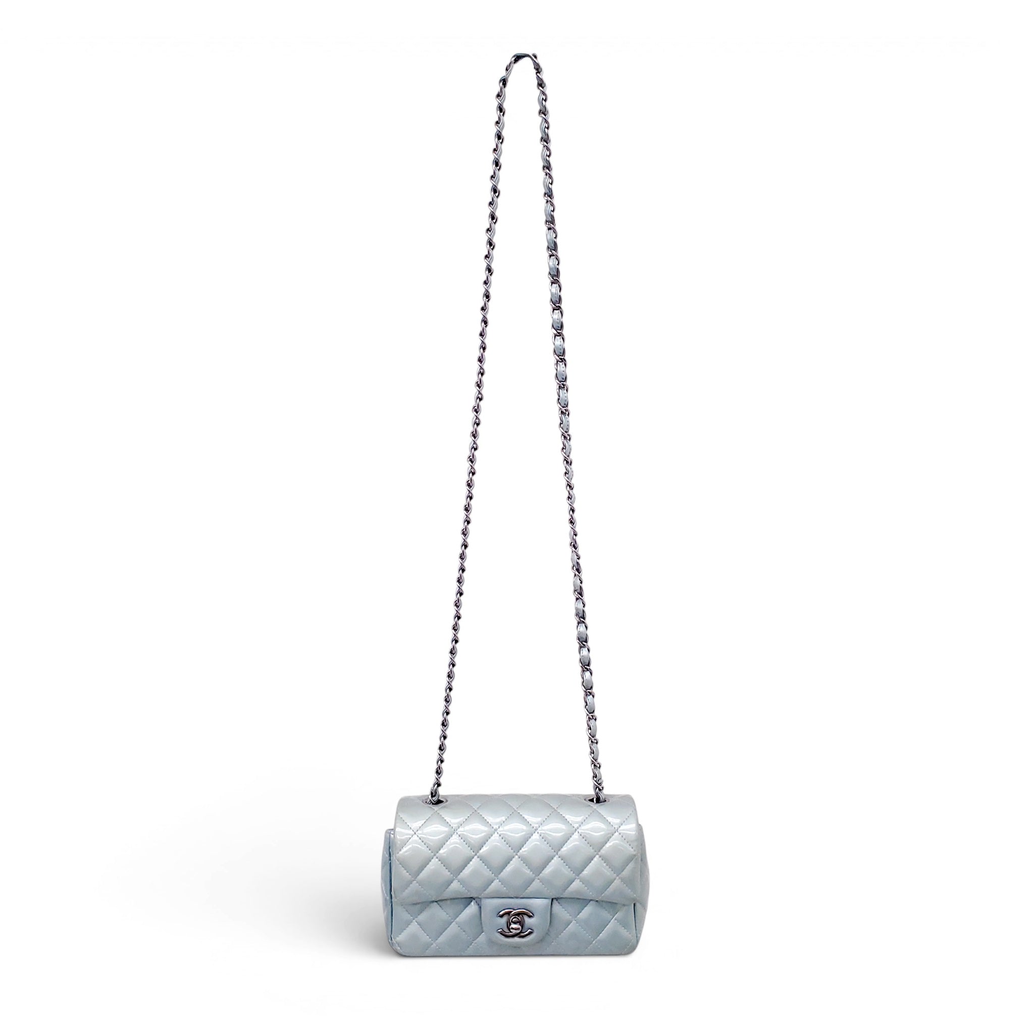 CHANEL METALLIC BLUE PATENT MINI FLAP BAG