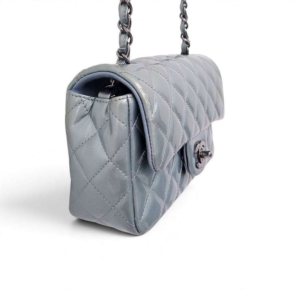 CHANEL METALLIC BLUE PATENT MINI FLAP BAG