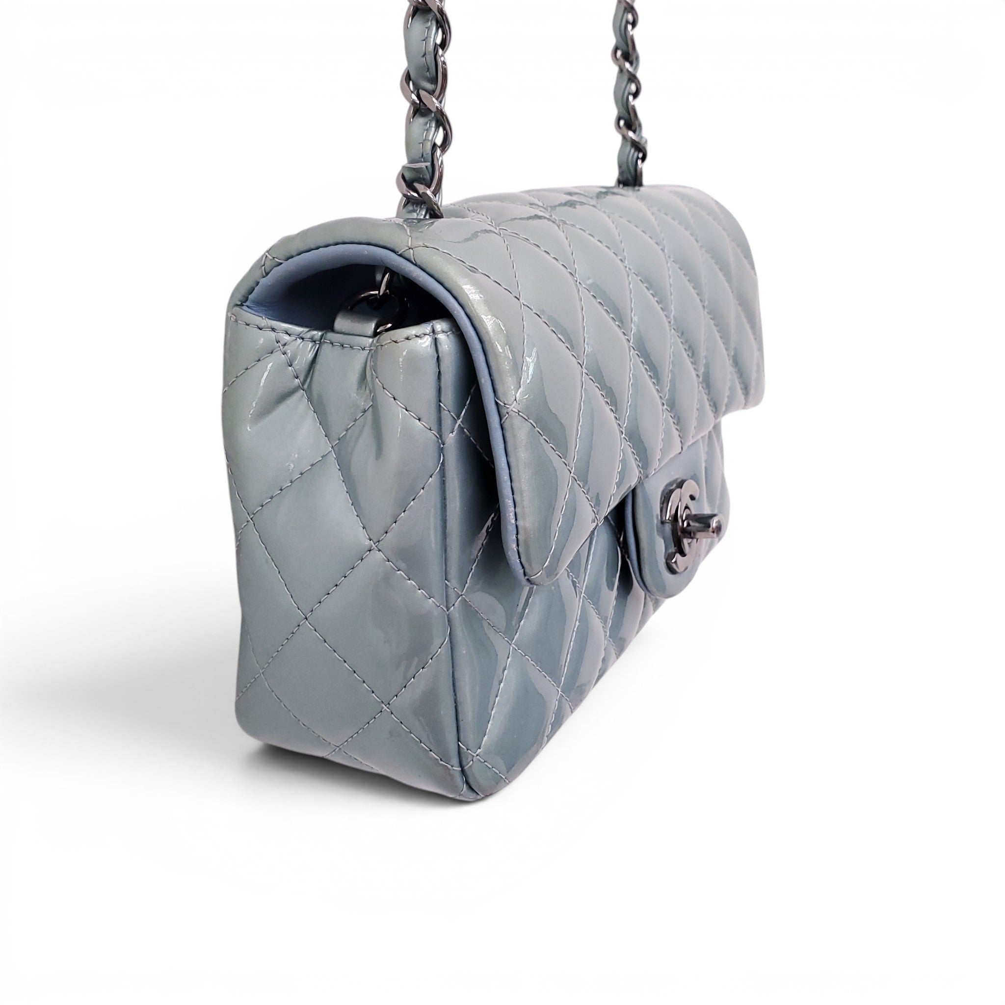 CHANEL METALLIC BLUE PATENT MINI FLAP BAG