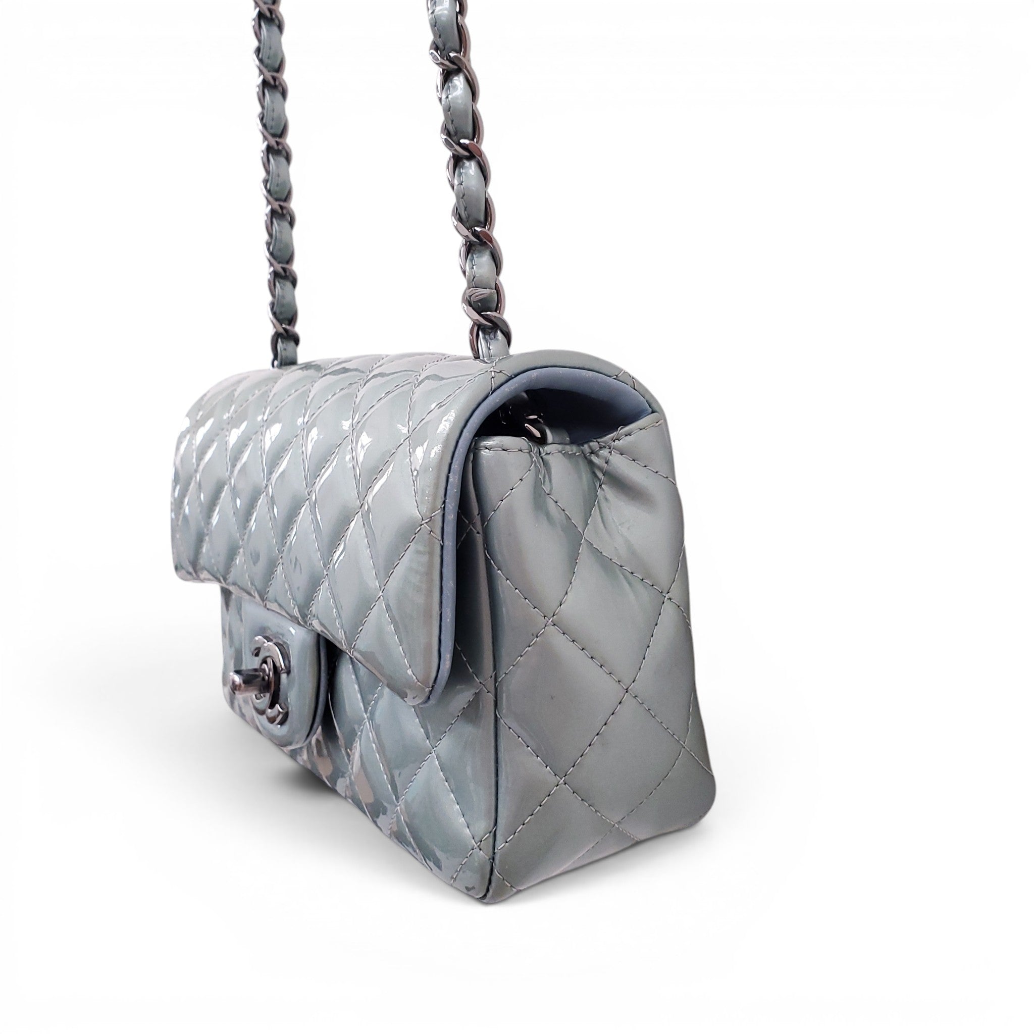 CHANEL METALLIC BLUE PATENT MINI FLAP BAG