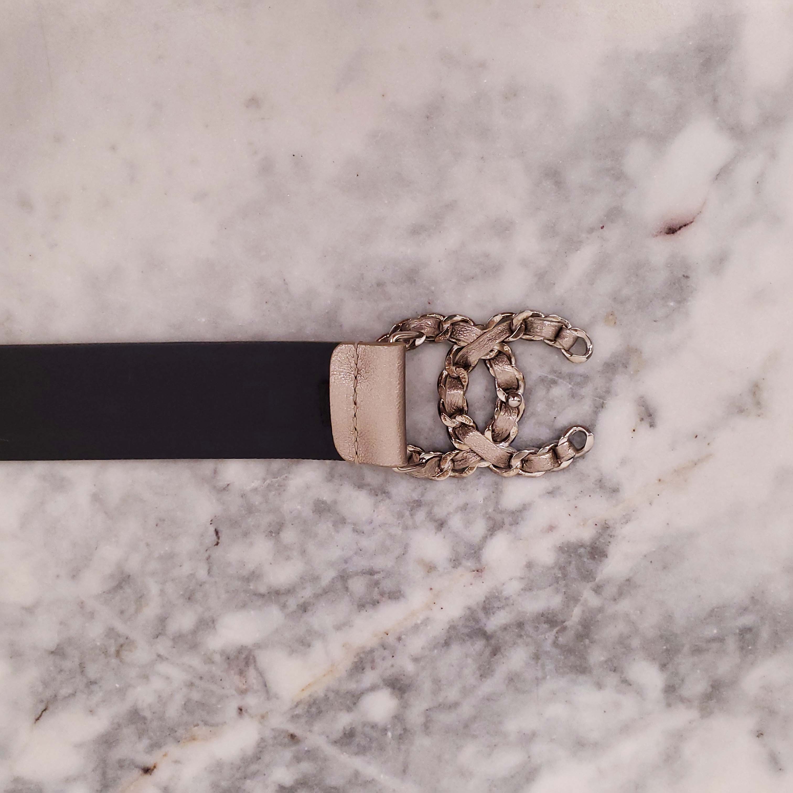 CHANEL METALLIC ELECTRUM CHAIN LOGO BELT - SIZE 80