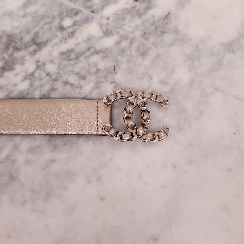 CHANEL METALLIC ELECTRUM CHAIN LOGO BELT - SIZE 80