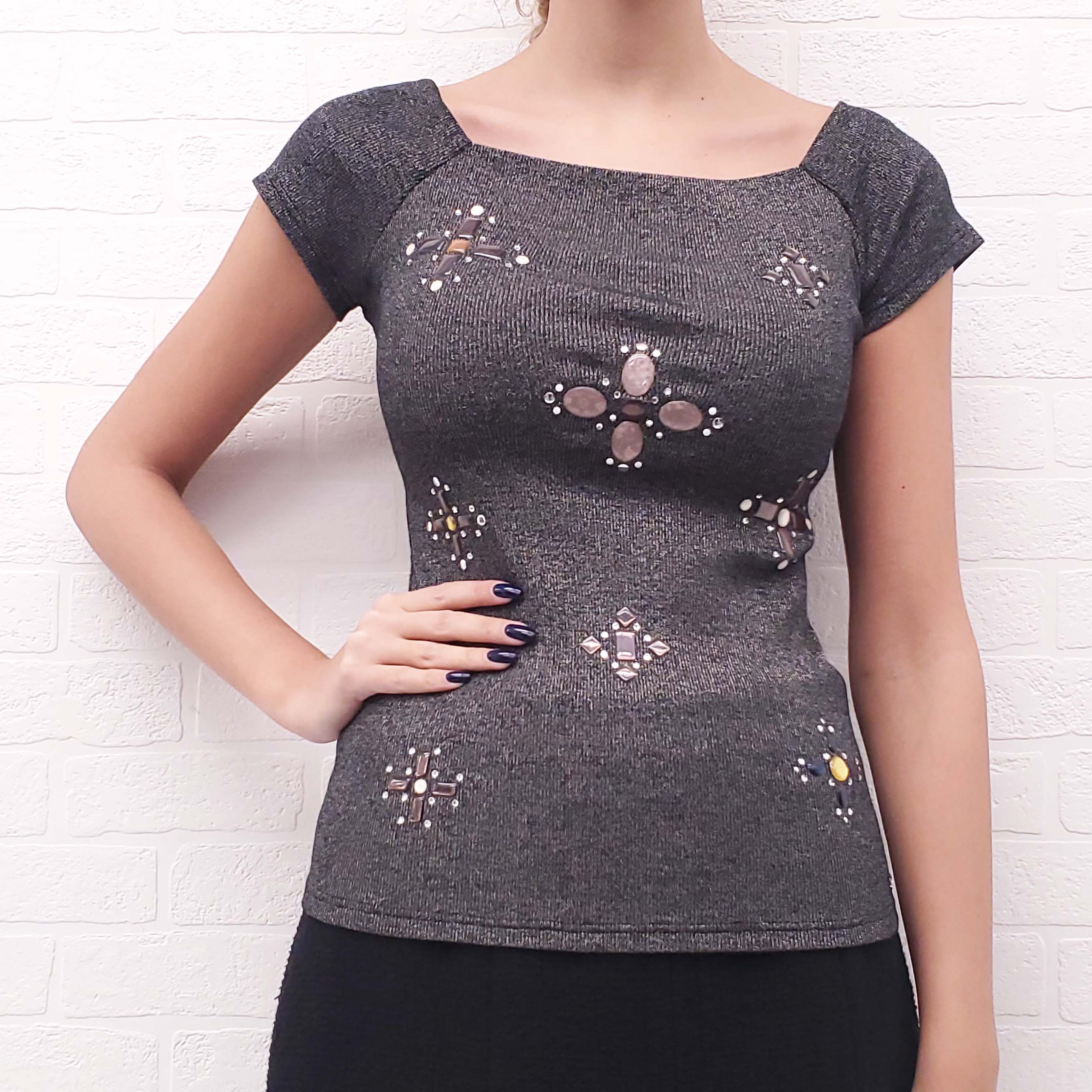 CHANEL METALLIC LOGO GEMS BYZANTINE CROSS EMBELLISHED TOP - SIZE 36