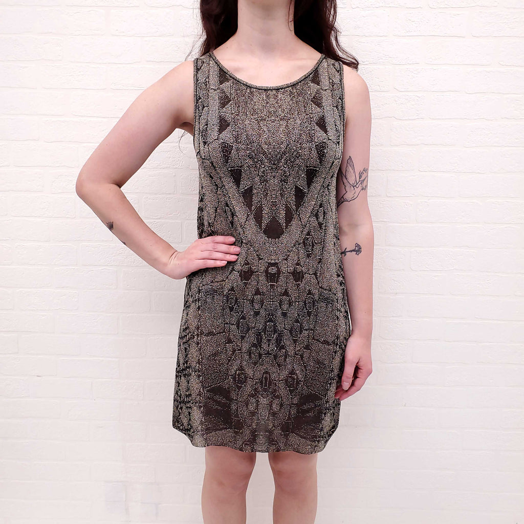 CHANEL METALLIC PATTERNED DRESS SET WITH MATCHING CARDIGAN - SIZE 40