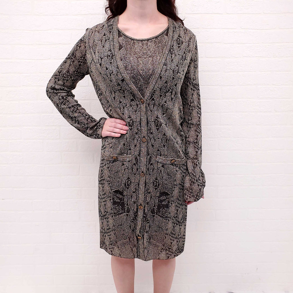 CHANEL METALLIC PATTERNED DRESS SET WITH MATCHING CARDIGAN - SIZE 40
