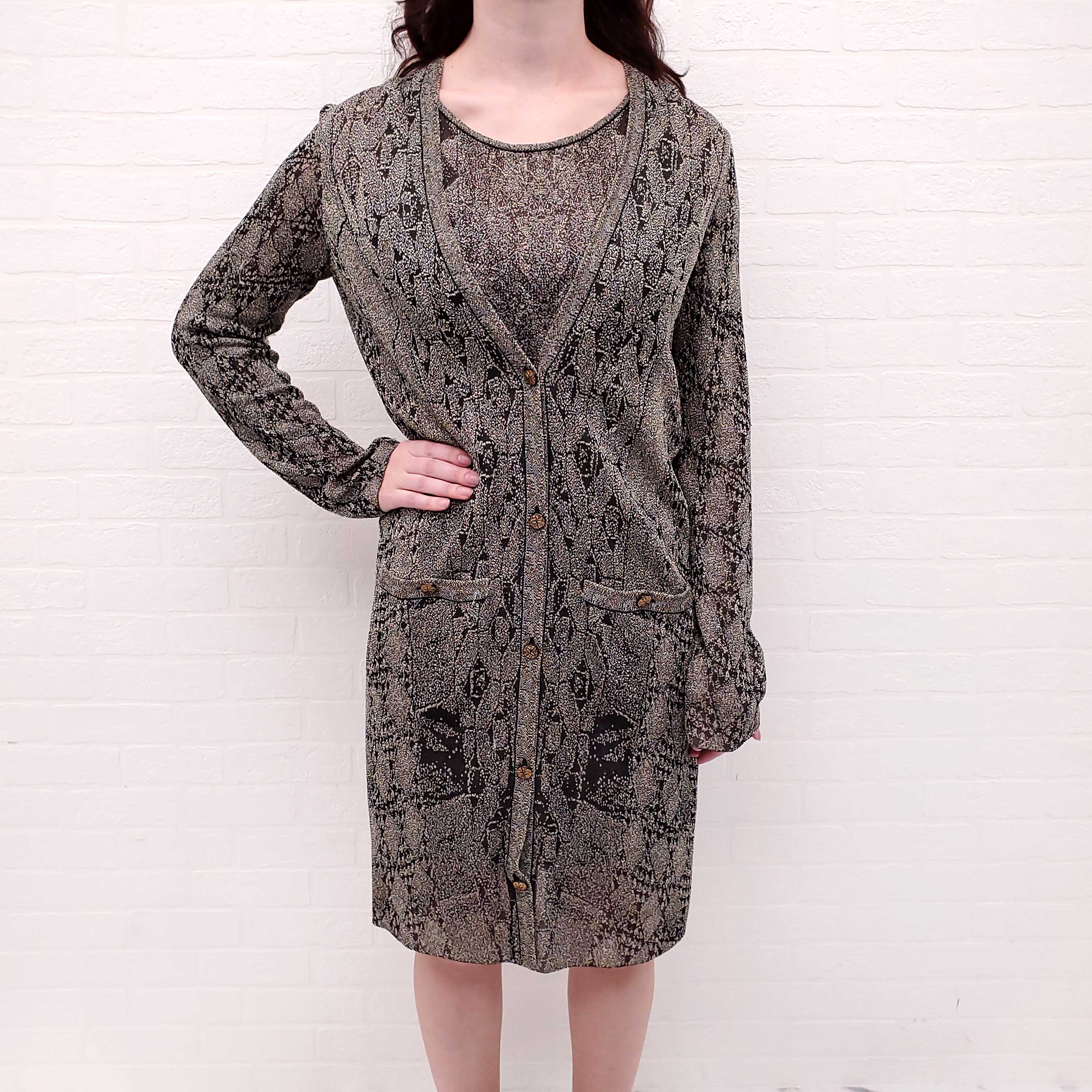CHANEL METALLIC PATTERNED DRESS SET WITH MATCHING CARDIGAN - SIZE 40