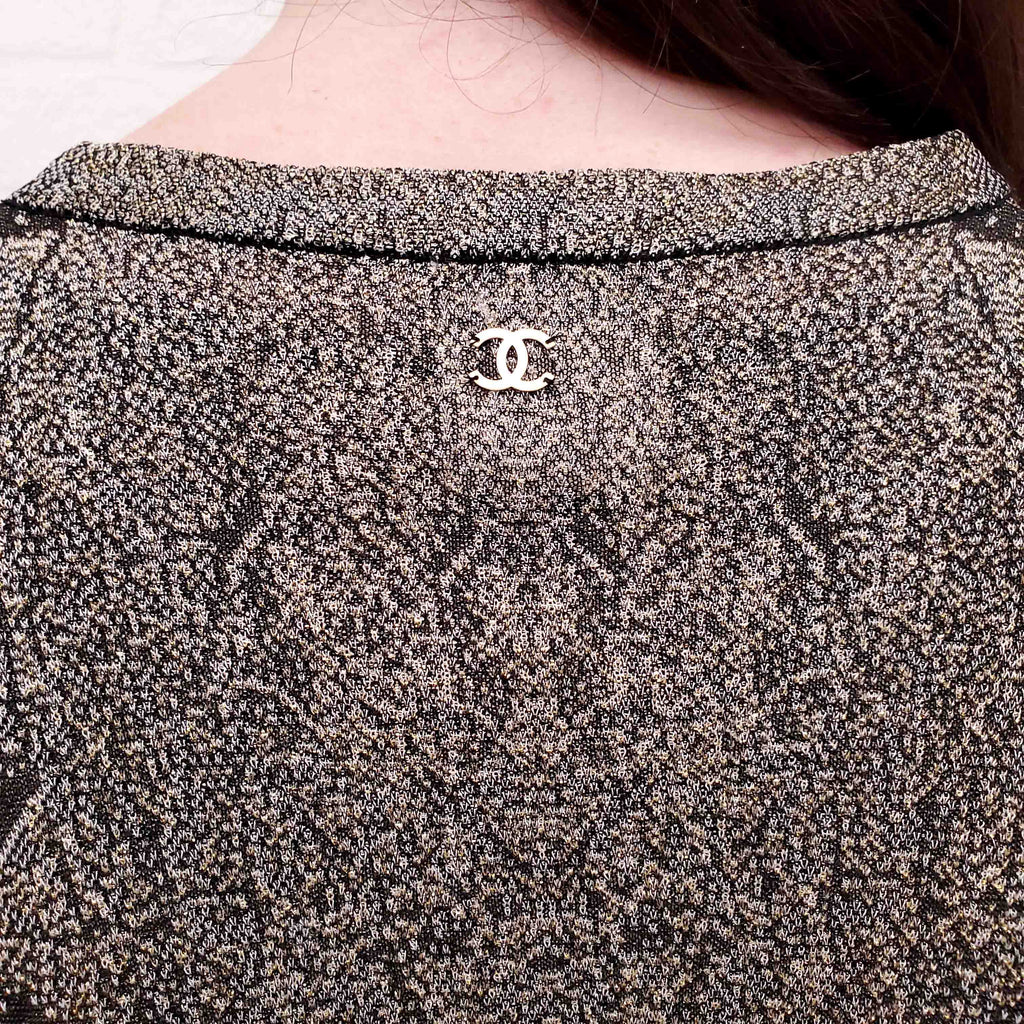 CHANEL METALLIC PATTERNED DRESS SET WITH MATCHING CARDIGAN - SIZE 40