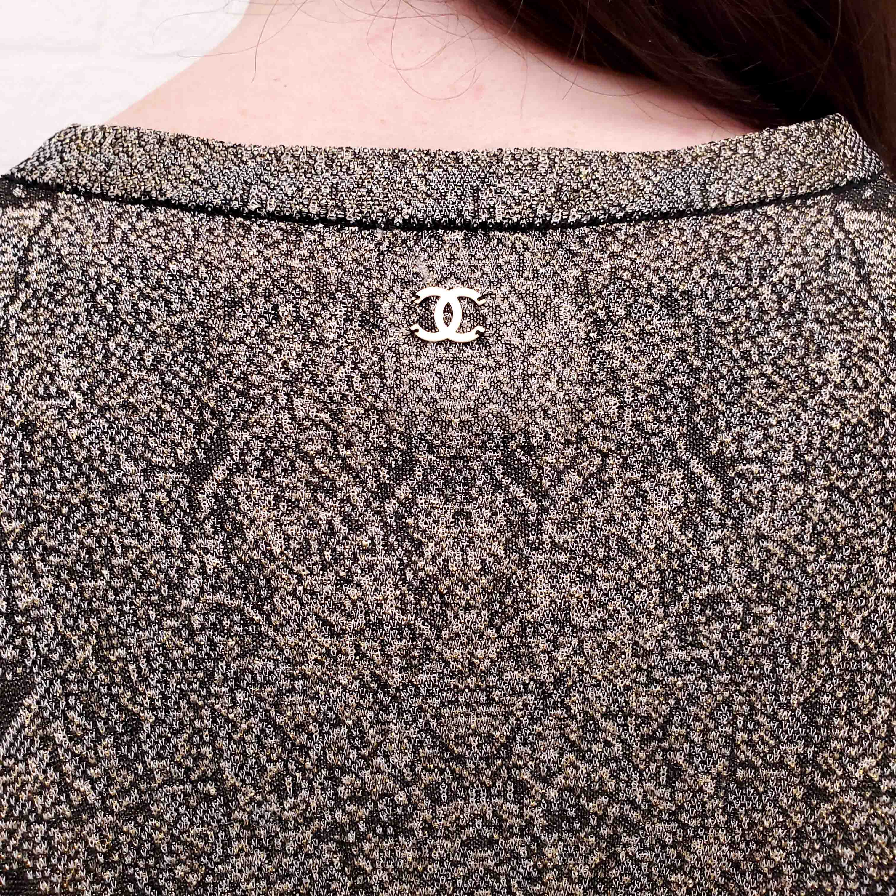 CHANEL METALLIC PATTERNED DRESS SET WITH MATCHING CARDIGAN - SIZE 40