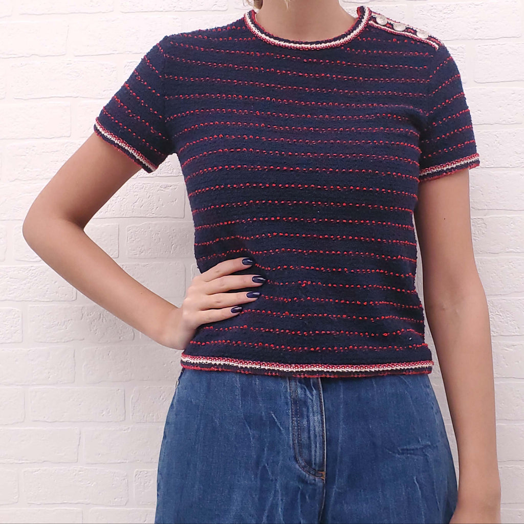 CHANEL NAVY AND RED STRIPED TWEED SHORT SLEEVE SWEATER WITH LOGO BUTTONS - SIZE 36