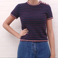 CHANEL NAVY AND RED STRIPED TWEED SHORT SLEEVE SWEATER WITH LOGO BUTTONS - SIZE 36