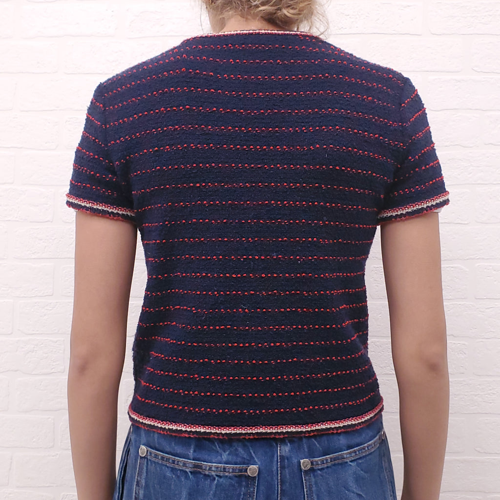 CHANEL NAVY AND RED STRIPED TWEED SHORT SLEEVE SWEATER WITH LOGO BUTTONS - SIZE 36