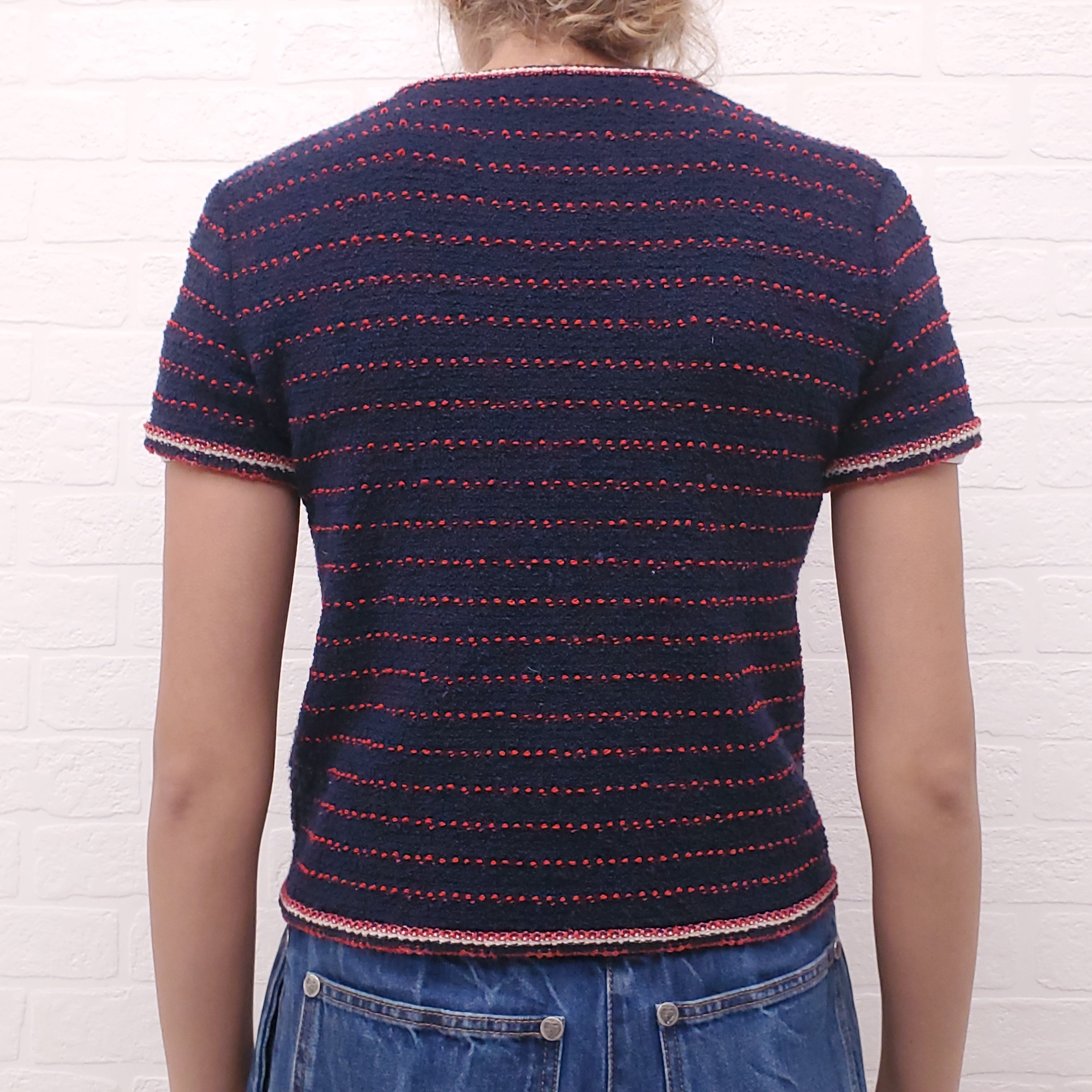 CHANEL NAVY AND RED STRIPED TWEED SHORT SLEEVE SWEATER WITH LOGO BUTTONS - SIZE 36