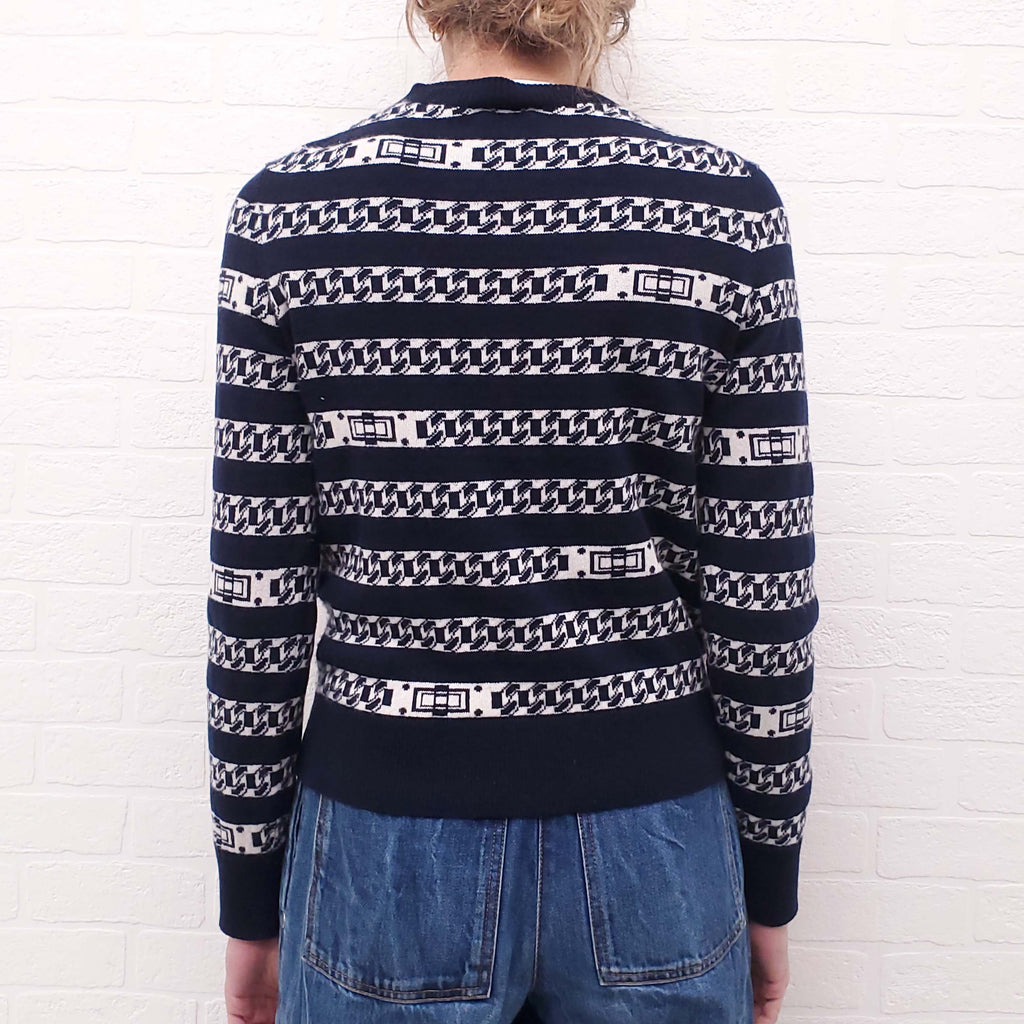 CHANEL NAVY AND WHITE CASHMERE PATTERNED CARDIGAN - SIZE 38