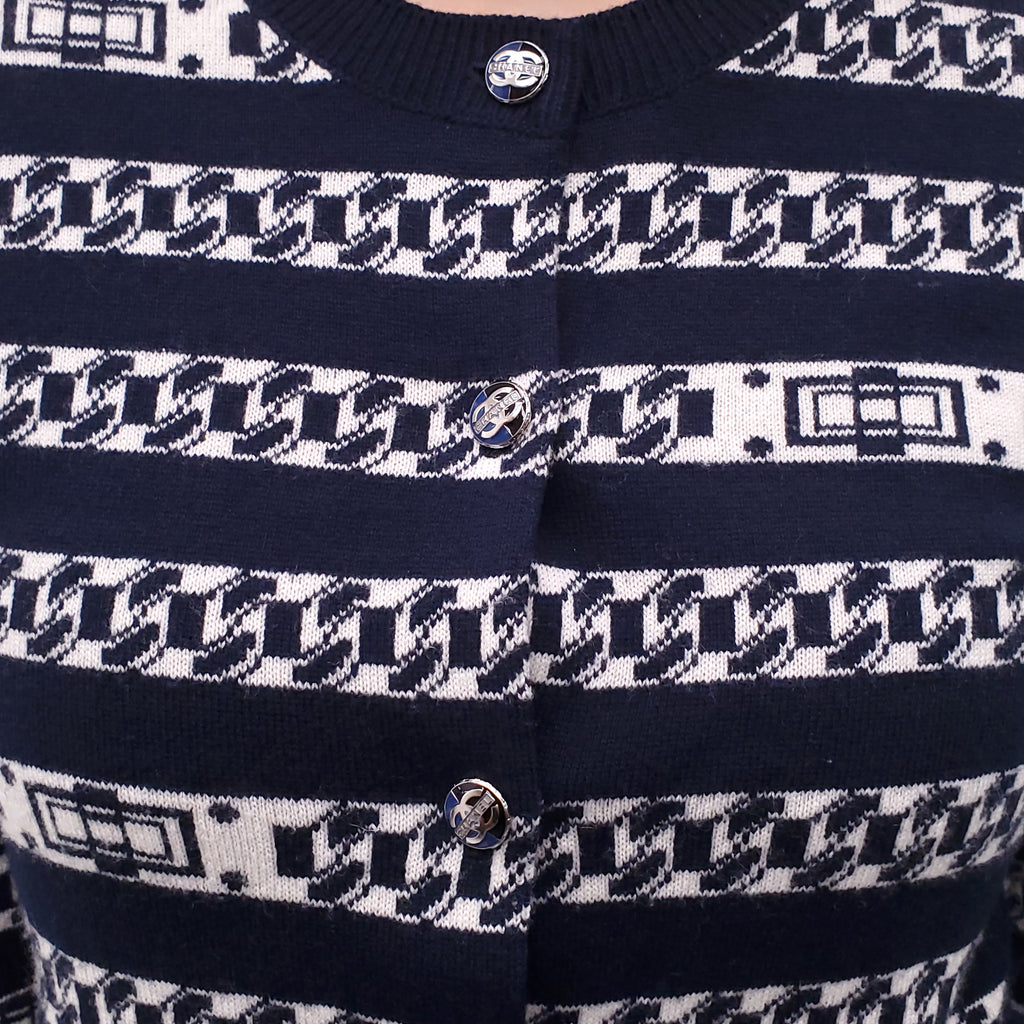 CHANEL NAVY AND WHITE CASHMERE PATTERNED CARDIGAN - SIZE 38