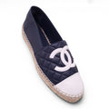 CHANEL NAVY AND WHITE QUILTED LEATHER ESPADRILLES - SIZE 36