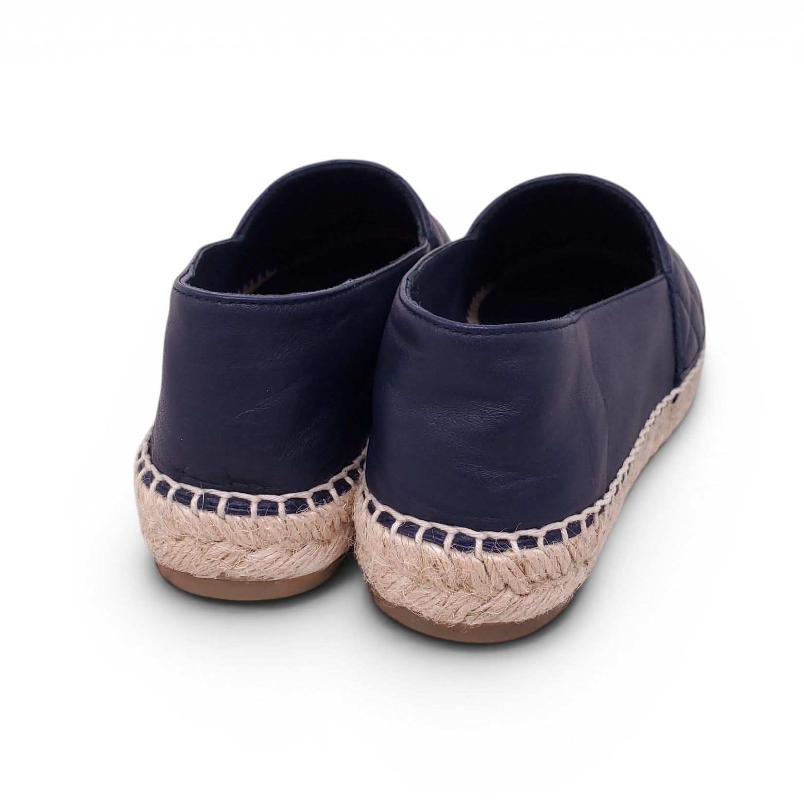 CHANEL NAVY AND WHITE QUILTED LEATHER ESPADRILLES - SIZE 36