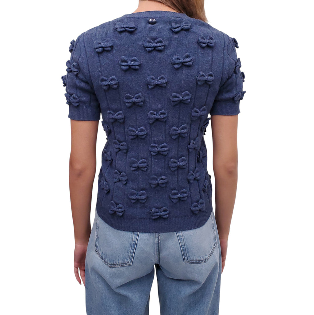 CHANEL NAVY BLUE COTTON KNIT BOW APPLIQUE SWEATER TOP - SIZE 38