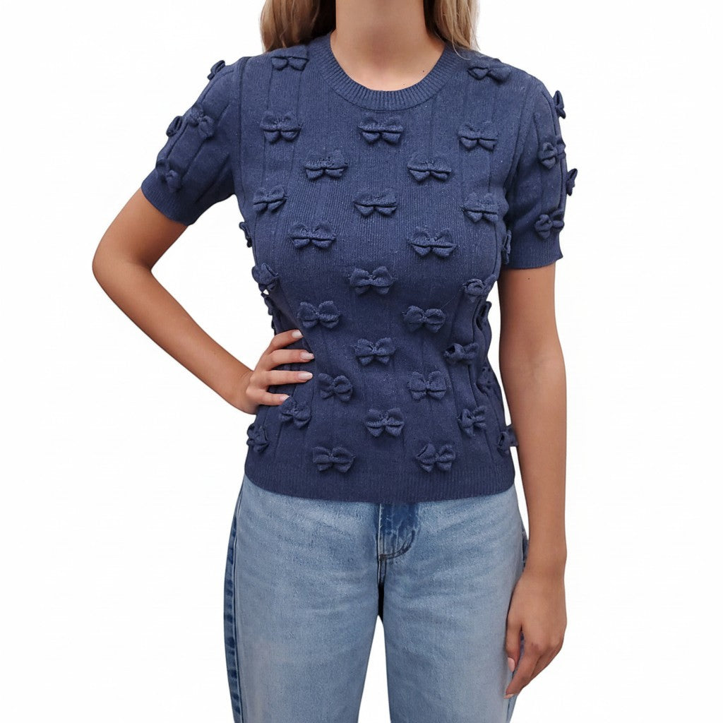 CHANEL NAVY BLUE COTTON KNIT BOW APPLIQUE SWEATER TOP - SIZE 38
