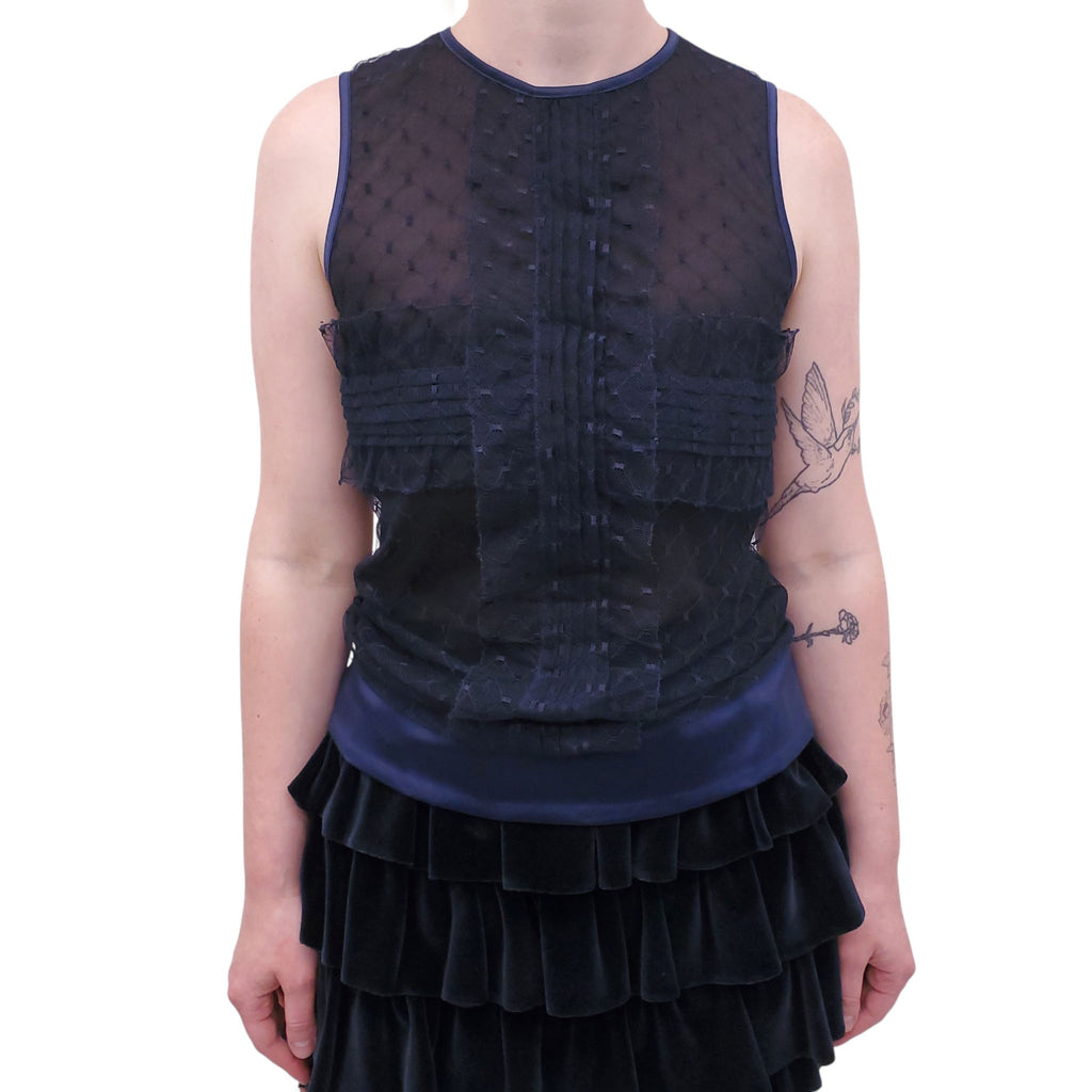 CHANEL NAVY LACE AND SILK BLOUSE WITH LOGO - SIZE S