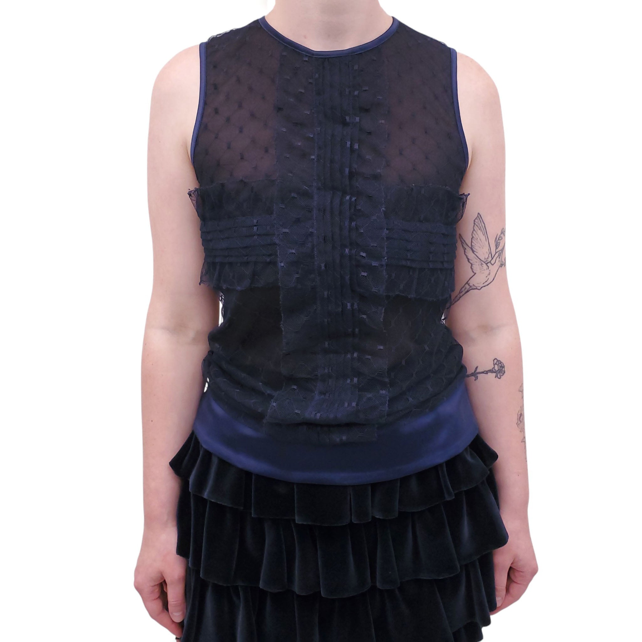 CHANEL NAVY LACE AND SILK BLOUSE WITH LOGO - SIZE S