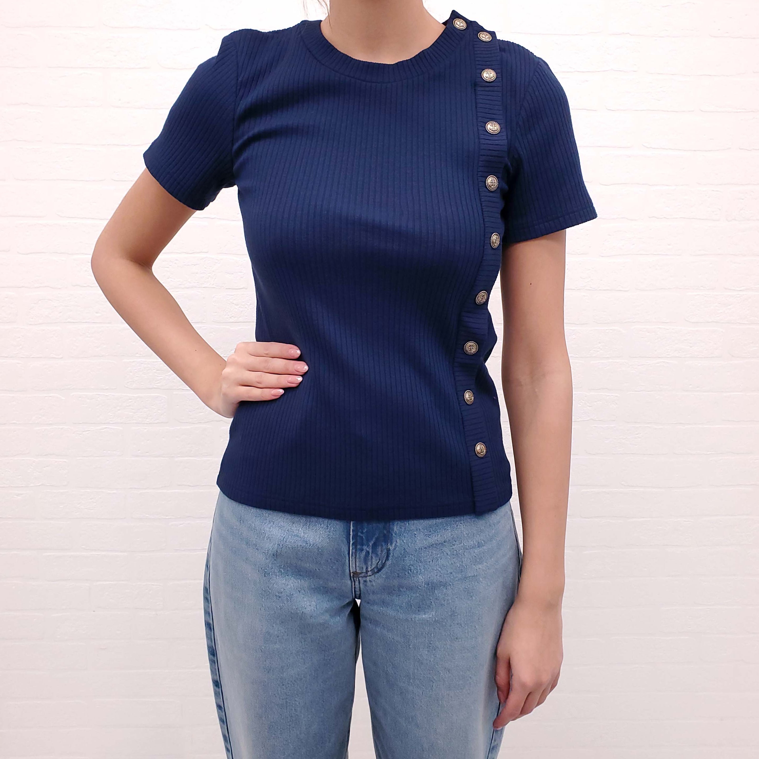 CHANEL NAVY RIBBED SHORT SLEEVE T-SHIRT WITH NAUTICAL LOGO BUTTONS - SIZE 38