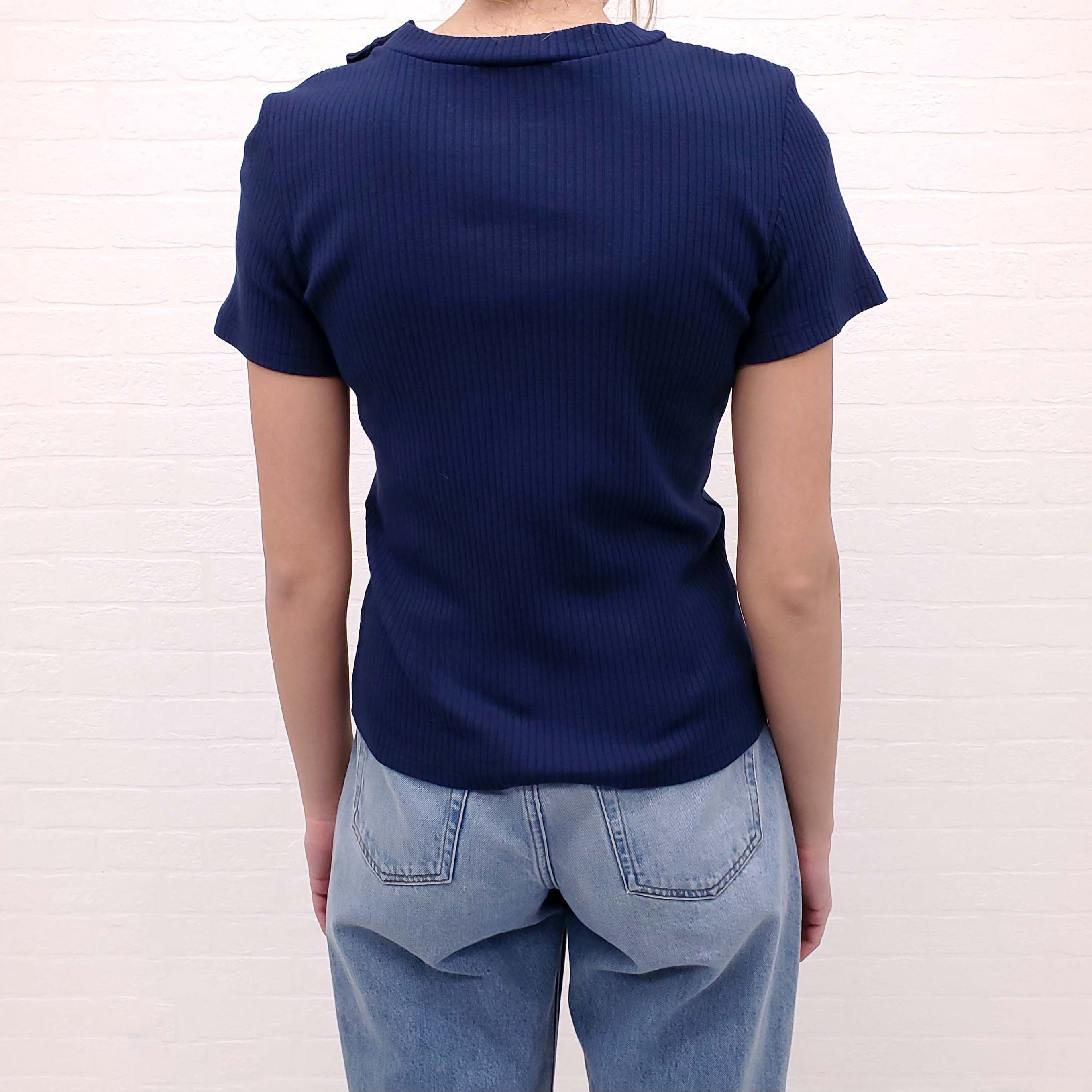 CHANEL NAVY RIBBED SHORT SLEEVE T-SHIRT WITH NAUTICAL LOGO BUTTONS - SIZE 38