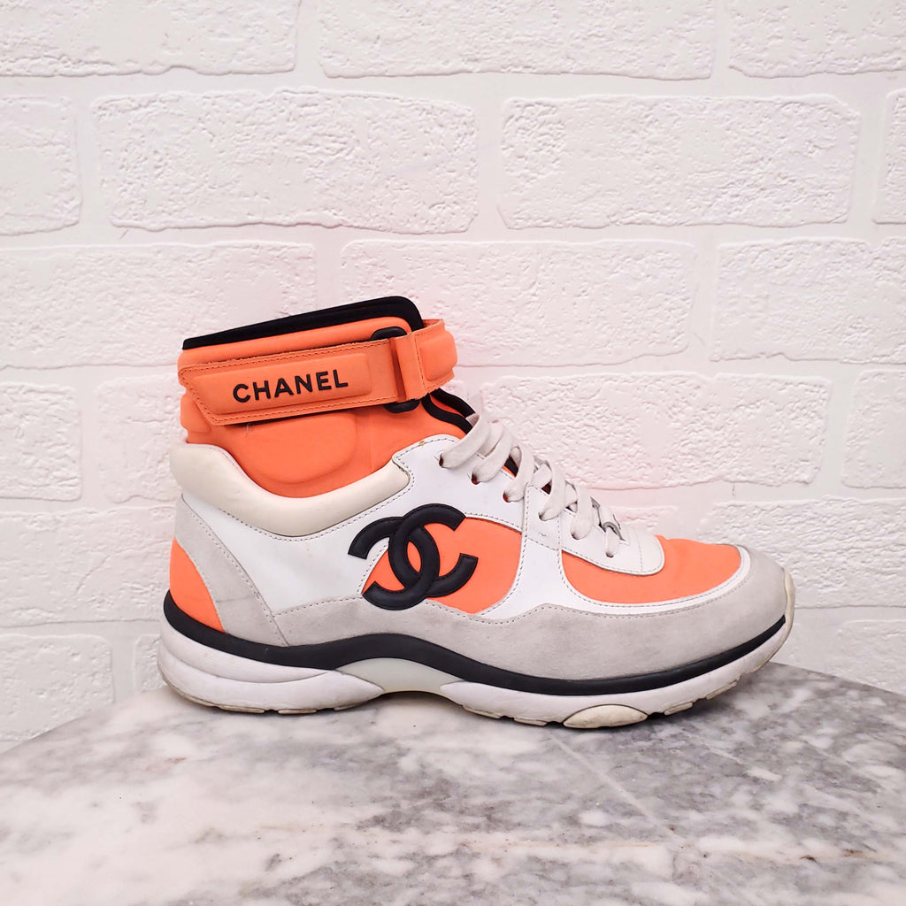 CHANEL NEON ORANGE HIGH TOP LOGO SNEAKERS - SIZE 39.5