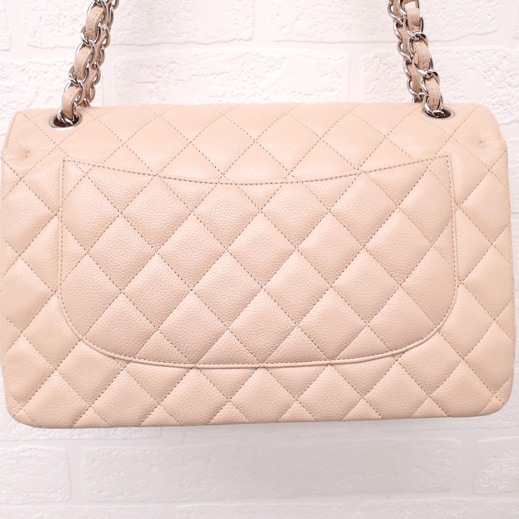 CHANEL NUDE CAVIAR JUMBO DOUBLE FLAP BAG WITH SILVER