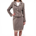CHANEL OLIVE GREEN TWEED SUIT WITH LACE-TRIMMED SKIRT - SIZE 36