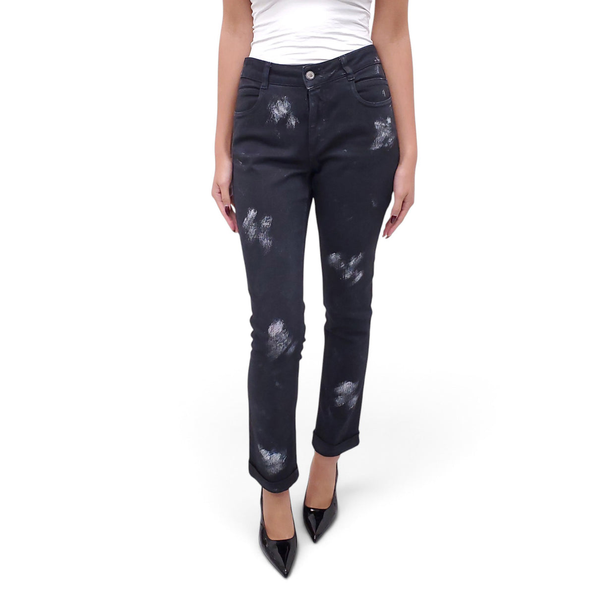 CHANEL PAINTED DENIM WITH LOGO BUTTON - SIZE 40