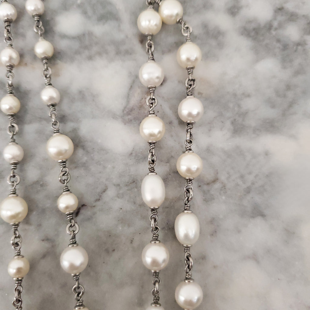 CHANEL PEARL AND SILVER CRYSTAL CHAIN LOGO NECKLACE