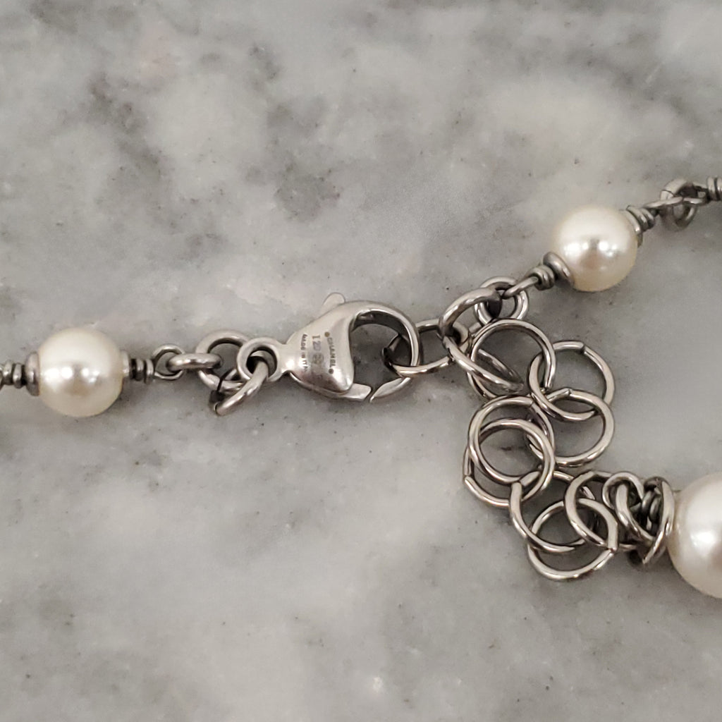 CHANEL PEARL AND SILVER CRYSTAL CHAIN LOGO NECKLACE