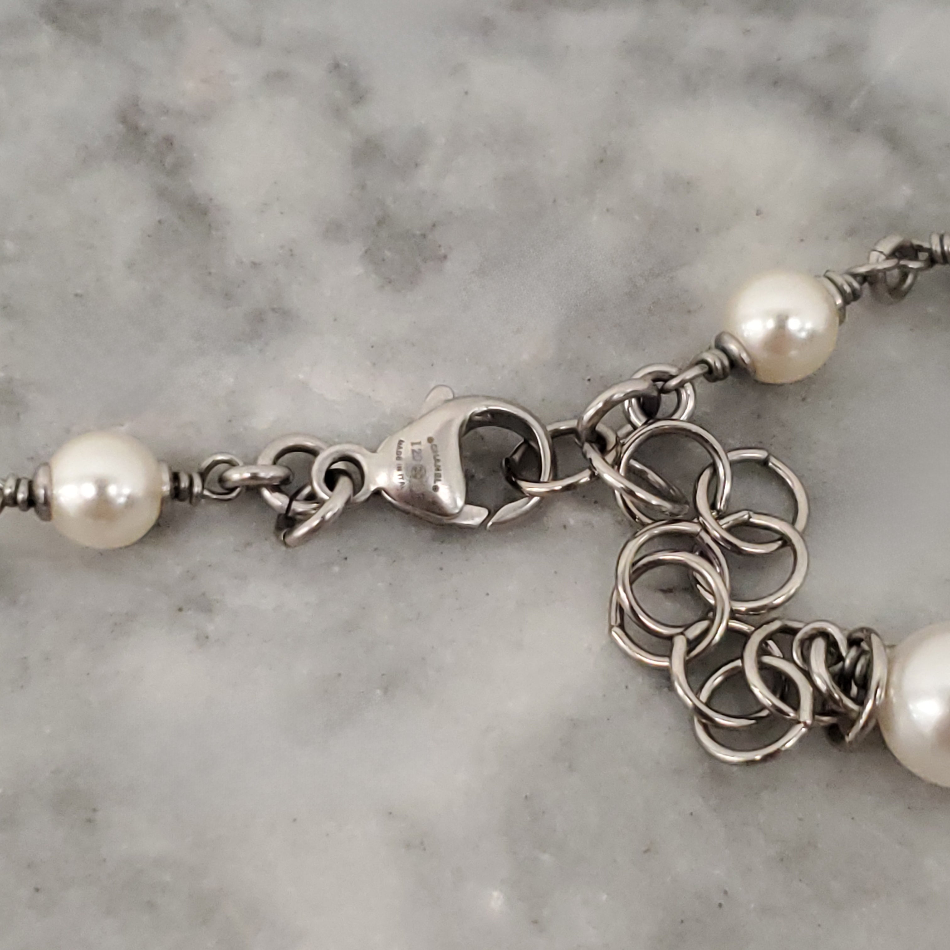 CHANEL PEARL AND SILVER CRYSTAL CHAIN LOGO NECKLACE