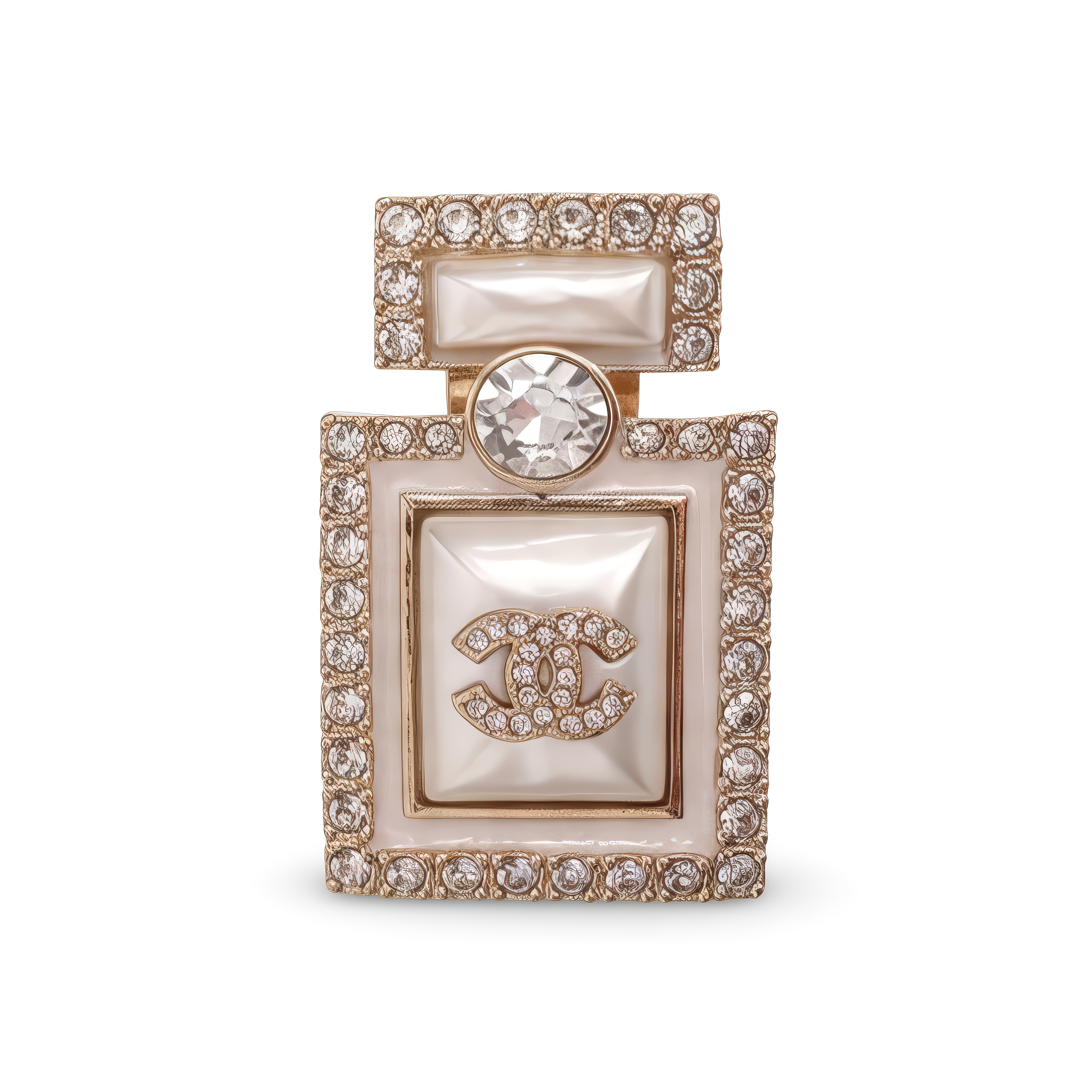 CHANEL PEARL PERFUME BOTTLE BROOCH WITH CRYSTALS