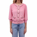 CHANEL PINK CARDIGAN WITH BURGUNDY LOGO BUTTON - SIZE 40