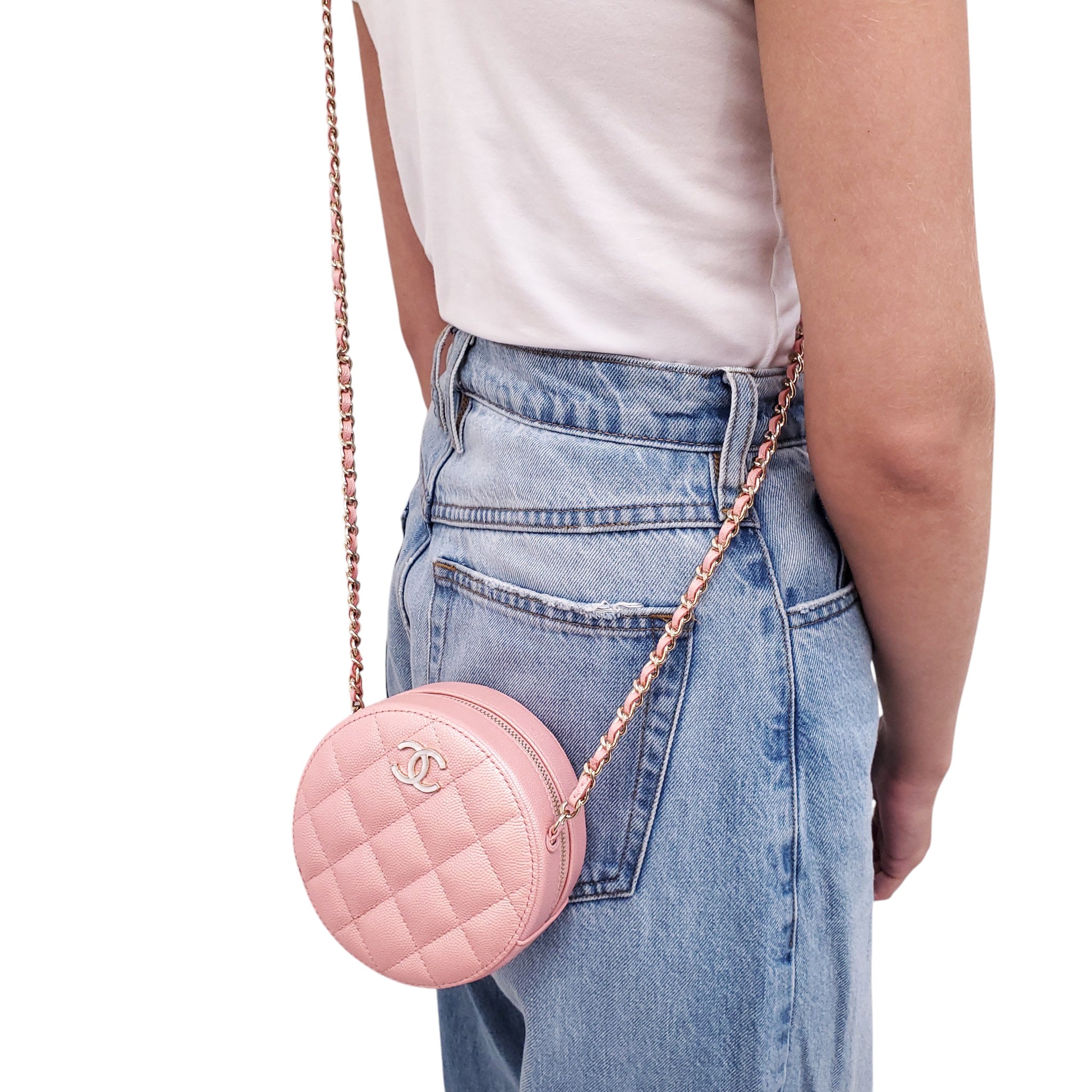 CHANEL PINK IRIDESCENT CAVIAR LEATHER ROUND CROSSBODY BAG