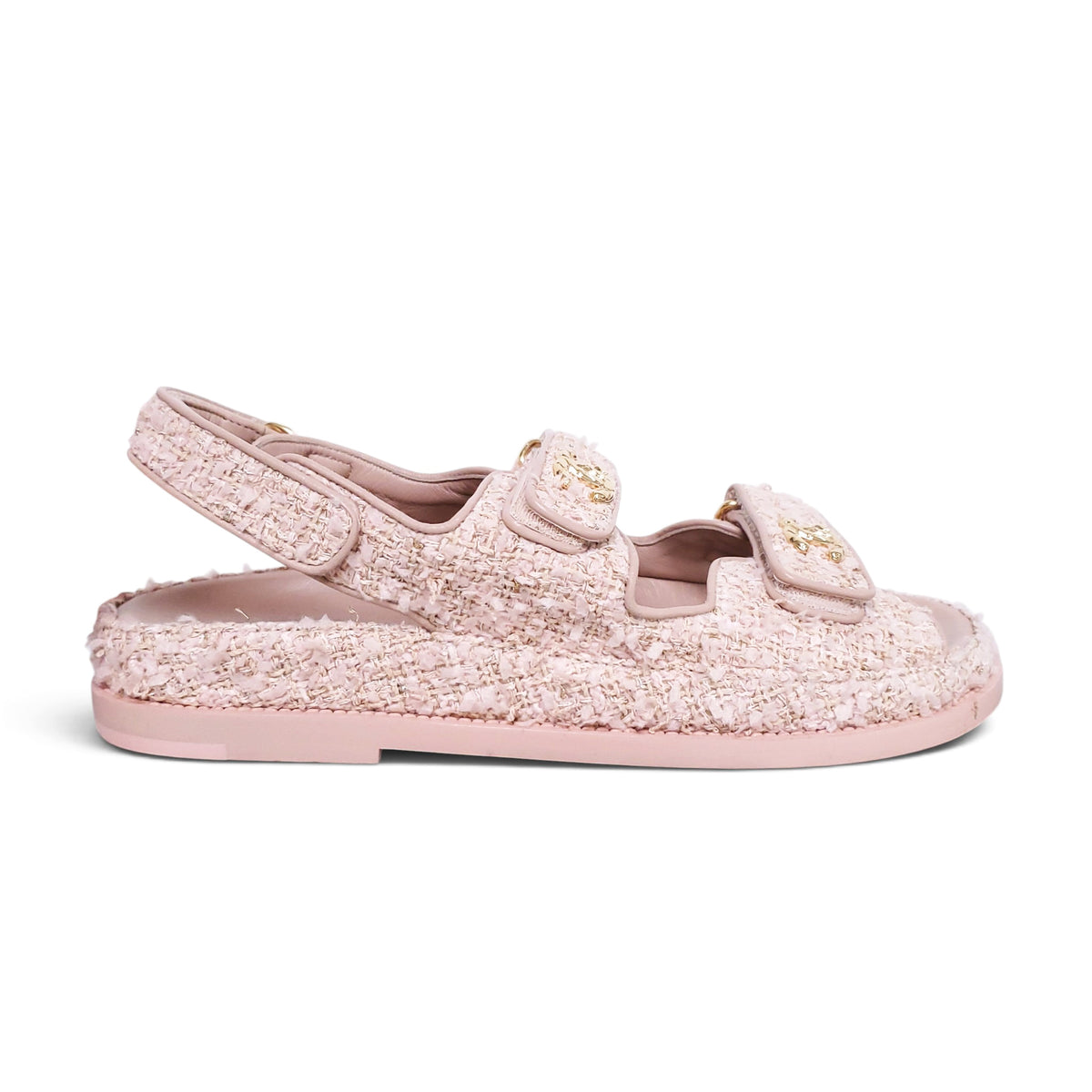 CHANEL PINK TWEED LOGO DAD SANDALS - SIZE 39