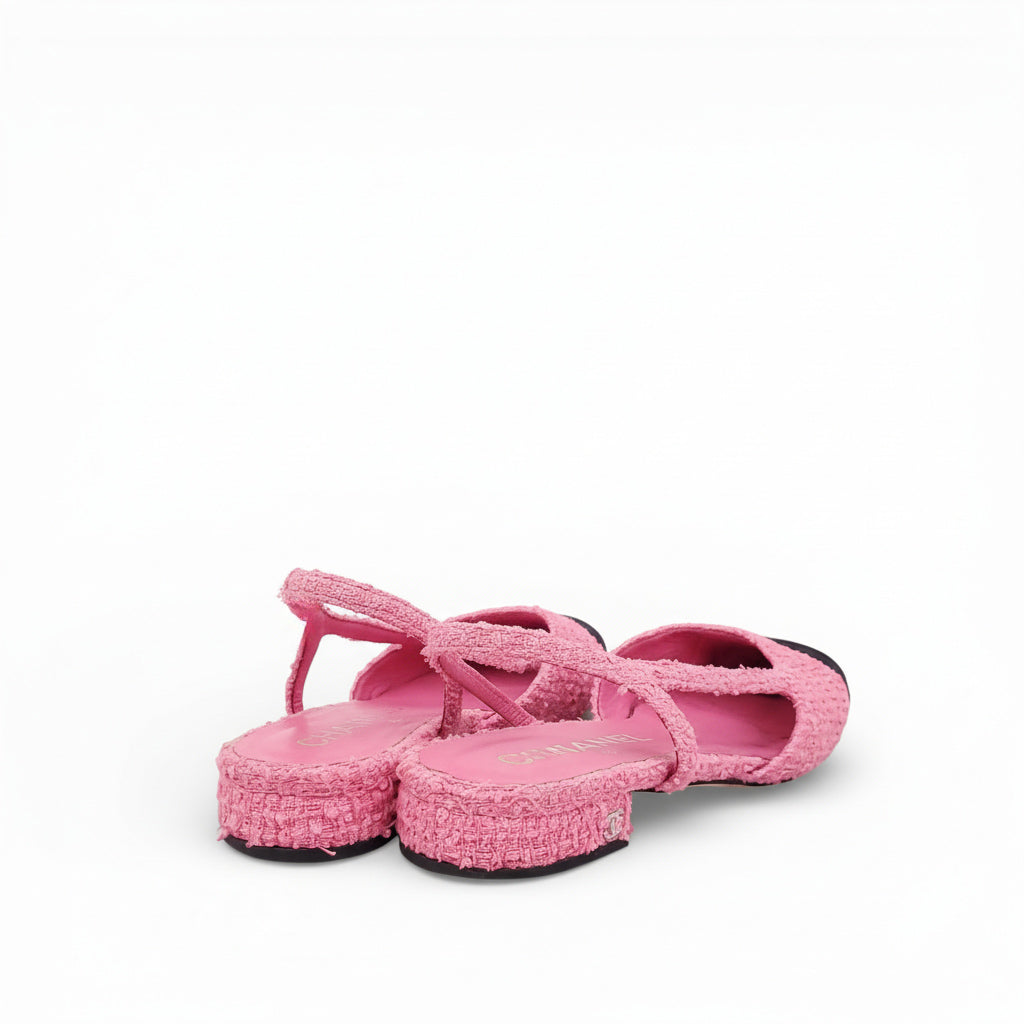 CHANEL PINK TWEED SLINGBACK FLATS - SIZE 38.5