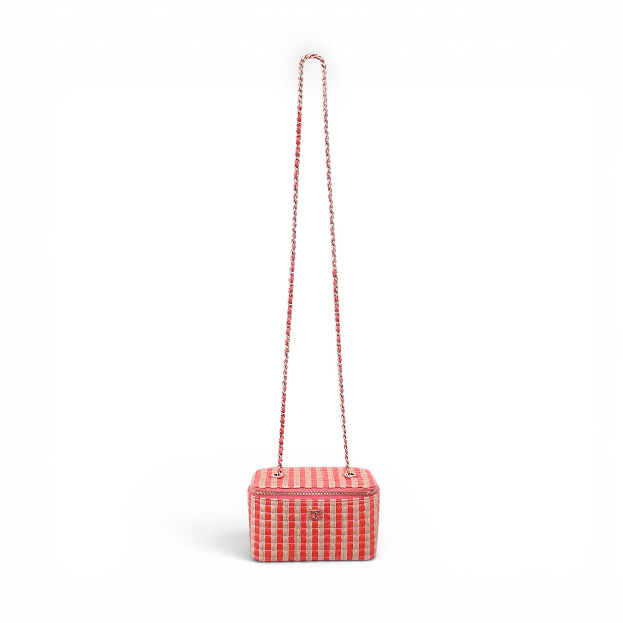 CHANEL RAFFIA STRIPED SMALL VANITY CASE WITH CHAIN