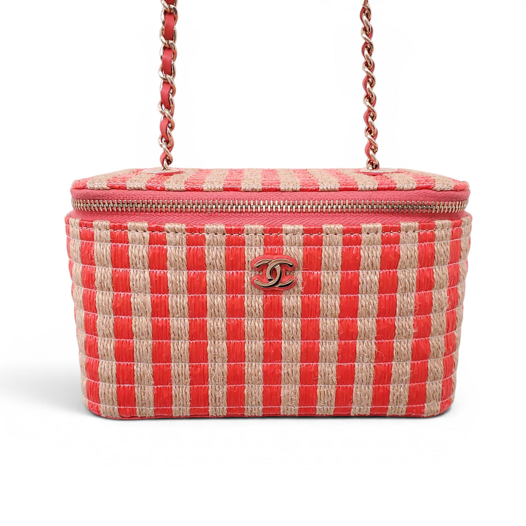 CHANEL RAFFIA STRIPED SMALL VANITY CASE WITH CHAIN