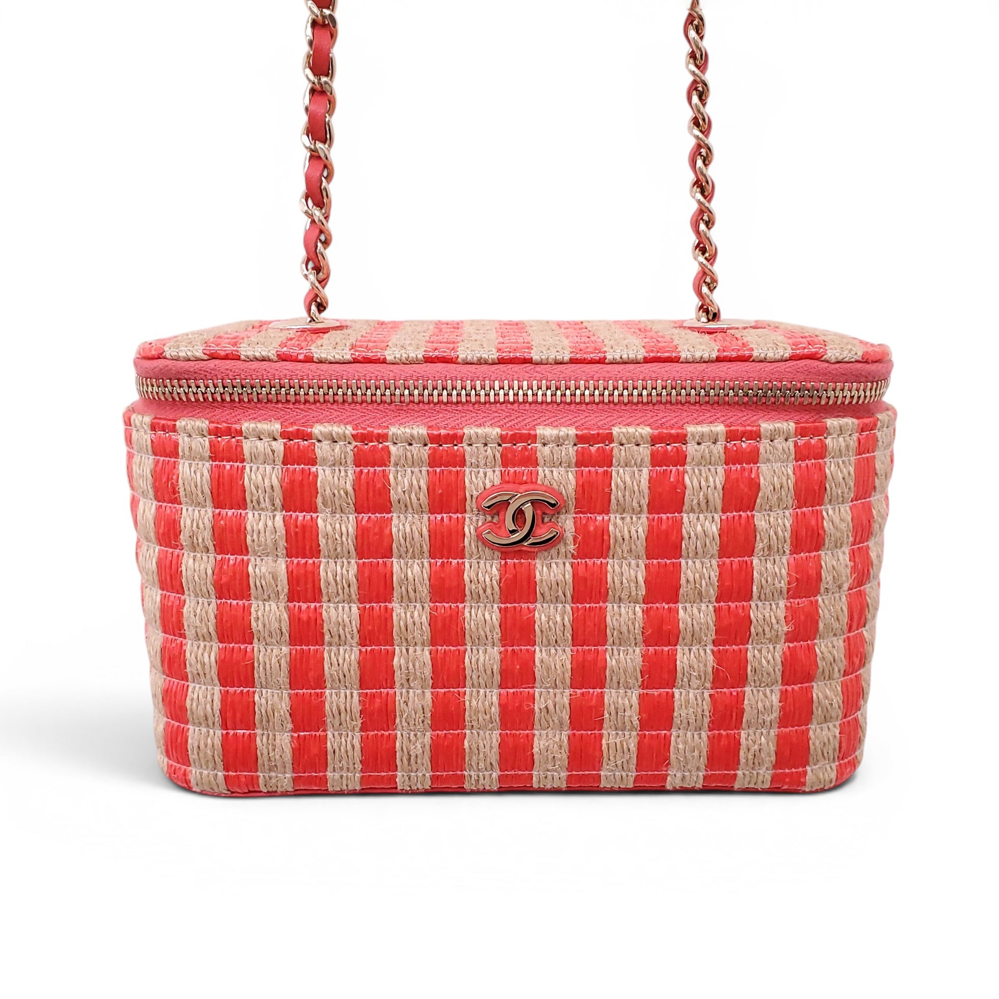 CHANEL RAFFIA STRIPED SMALL VANITY CASE WITH CHAIN