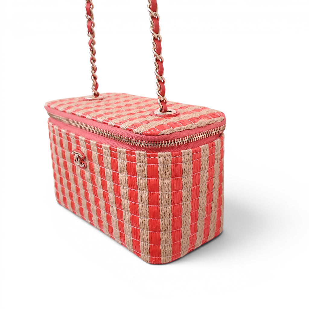 CHANEL RAFFIA STRIPED SMALL VANITY CASE WITH CHAIN