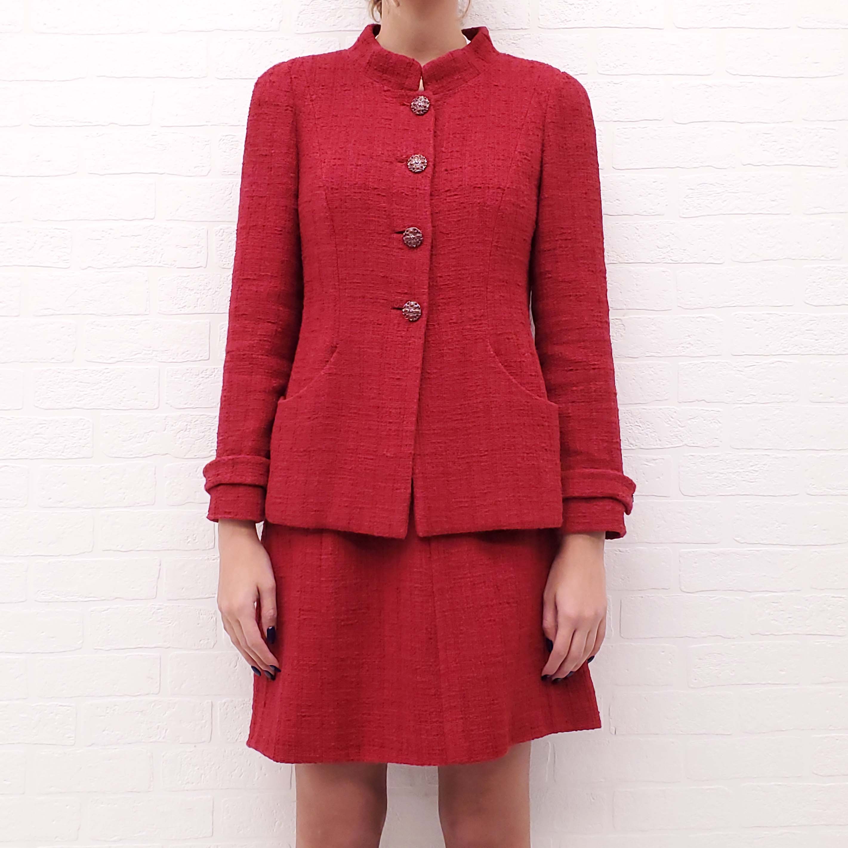 CHANEL RED TWEED SUIT WITH CRYSTAL BUTTONS - SIZE 42